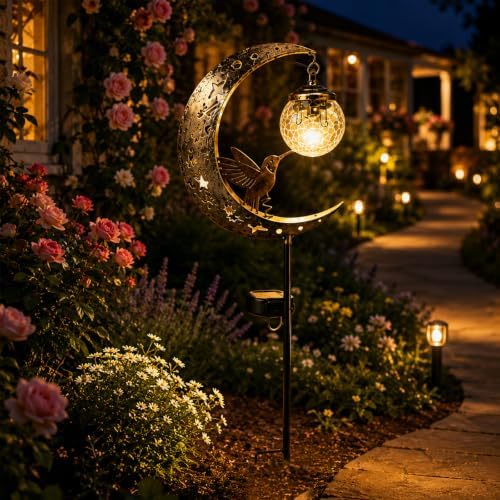 Hummingbird Moon Solar Garden Stake Light, Garden Decor for Outside