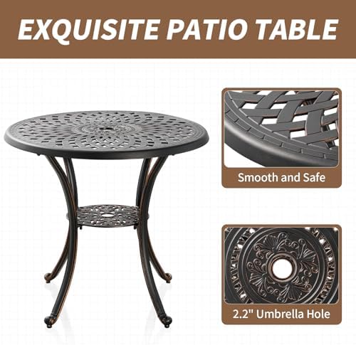 31" Round Patio Dining Table with Umbrella Hole, Cast Aluminum Bistro Table Outdoor Side Table for Backyard, Garden, Patio, Porch