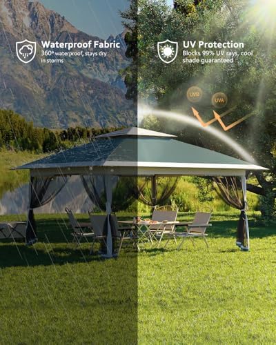 13x13 Pop Up Gazebo, Canopy Tent, Gazebos with Mosquito Netting, Outdoor Gazebo with 4 Sandbags & Wheeled Bag, Outdoor Canopy Tent for Backyard & Patio Furniture, Patio, Deck