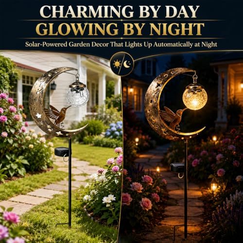 Hummingbird Moon Solar Garden Stake Light, Garden Decor for Outside