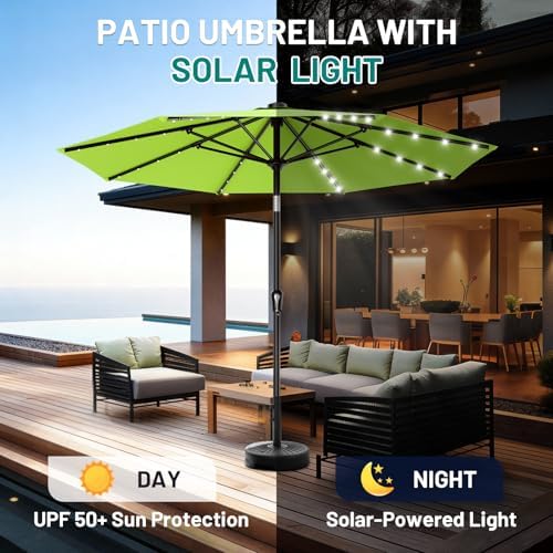 AreShark 9FT Patio Umbrella with Solar Lights, 32 Lighted Pool Umbrella w/Tilt and Crank, Outdoor Market Solar Umbrellas for Garden, Deck, Backyard, Pool and Beach, Apple Green