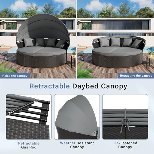Crownland Round Patio Daybed with Retractable Canopy, Clamshell Wicker Sectional, Outdoor Wicker Furniture Daybed for Backyard, Poolside, or Garden，Grey