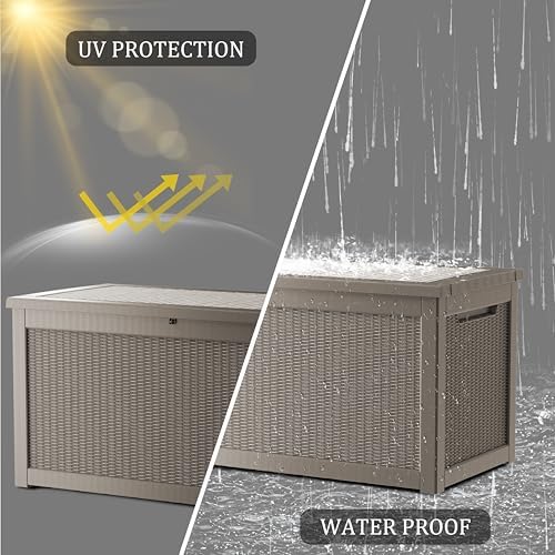 320 Gallon Outdoor Storage Box Waterproof, Lockable Resin Deck Box Large Storage Bin for Patio Furniture Cushion, Garden Tools, Pool Accessories, UV-Resistant Outside, Grey