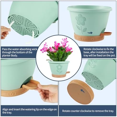 gegemaoyi Plastic Plant Pots 10 Inch Set of 4, Self Watering Pots with Drainage Holes, Saucer & Reservoir, Flower Pots for Indoor/Outdoor Plants, Decorative Nursery Planting Pots (Multicolor)