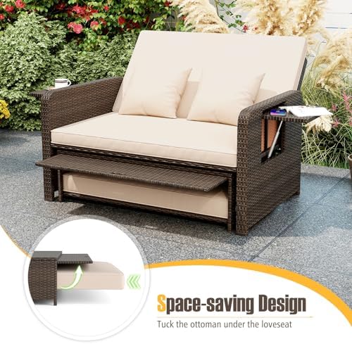 LDAILY Moccha Outdoor Daybed, Wicker Loveseat Sofa Set with 4-Postion Adjustable Backrest, Storage Ottoman, Cushions, Rattan Double Bed Lounger, Patio Furniture Set (Beige)