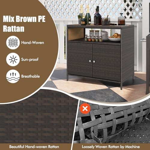 LDAILY Outdoor Storage Cabinet, Wicker Patio Buffet Cabinet with Acacia Wood Top, 2 Doors & Open Shelf, PE Rattan Bar Table for Garden, Kitchen, Backyard & Poolside, Mixed Brown