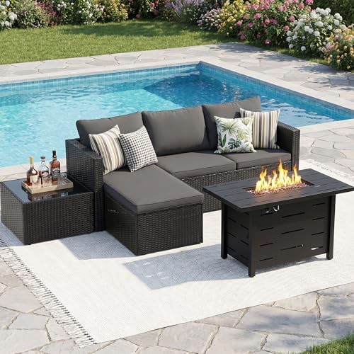 SUNLEI 4-Piece Patio Furniture Set with 43" Propane Fire Pit Table, L-Shaped PE Rattan Sectional Sofa, Washable Cushions, Outdoor Conversation Set,Black/Grey