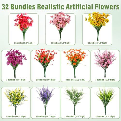 32 Bundles Artificial Flowers Plants for Outdoors, No Fade Fake Plastic Flowers Faux Plants UV Resistant Artificial Flower for Hanging Planters Outside Home Porch Indoor Spring Window Farmhouse Decor