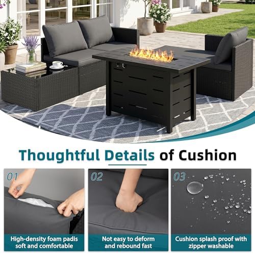 SUNLEI 4-Piece Patio Furniture Set with 43" Propane Fire Pit Table, L-Shaped PE Rattan Sectional Sofa, Washable Cushions, Outdoor Conversation Set,Black/Grey