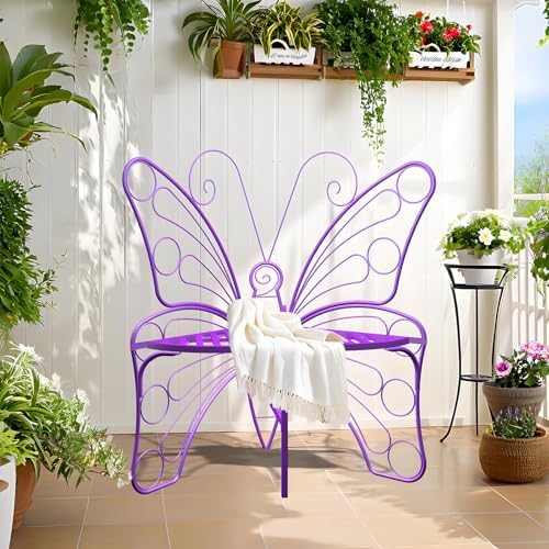 Butterfly Shaped Outdoor Bench, Purple Garden Bench with Sturdy Stable Metal Frame, Outdoor Metal Chair Butterfly Bench for Garden, Yard, Balcony, Lawn(Purple/Small).