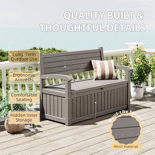 80 Gallon Lockable Deck Bench with Storage, Resin Stripes Outdoor Storage Box, Waterproof Outdoor Porch Bench for Patio Pool and Cushions Garden Tools, Grey