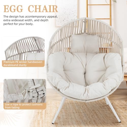 Vongrasig Outdoor Wicker Egg Chair PE Rattan Chair with Cushion, Oversized Patio Lounge Chair for Outdoor, Indoor, Balcony, Backyard, Garden, Beige/Rattan