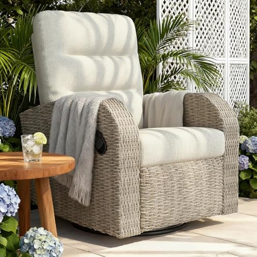Outdoor Swivel Recliner Chair, All-Weather Wicker Reclining Patio Chair with Adjustable Backrest and Footrest
