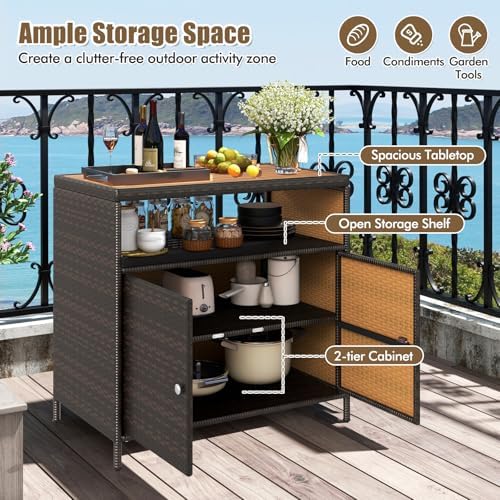 LDAILY Outdoor Storage Cabinet, Wicker Patio Buffet Cabinet with Acacia Wood Top, 2 Doors & Open Shelf, PE Rattan Bar Table for Garden, Kitchen, Backyard & Poolside, Mixed Brown