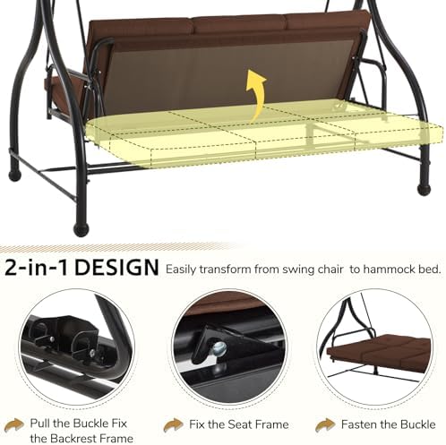 U-MAX Porch Swing Chair with Adjustable Backrest&Canopy, 3 Seat Patio