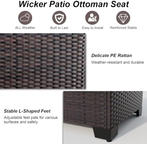 2 Pieces Wicker Ottomans, All Weather Rattan Patio Ottoman with Removable Cushion, Outdoor Footstools, Additional Seating, Side Table, Multipurpose Outdoor Furniture for Patio, Balcony, Khaki