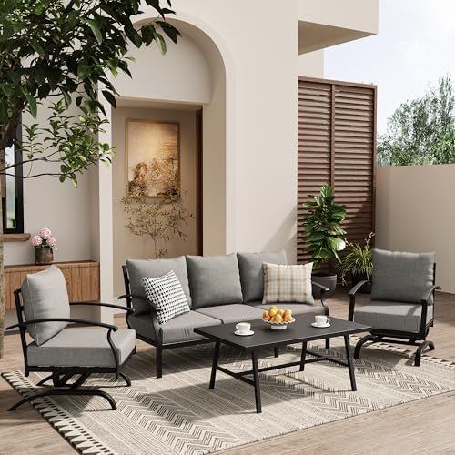 ALAULM 4 Piece Patio Furniture Set,Outdoor Metal Patio Furniture with Coffee Table & Rocking Chairs Conversation Set for Porch,Backyard,Poolside, Garden-Grey