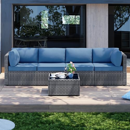 Patio Furniture Sets, 5 Piece Outdoor Sectional Sofas, Wicker Rattan Outdoor Furniture Patio Conversation Set, All-Weather PE Rattan Outdoor Couch for Backyard, Garden, Gray & Aegean Blue