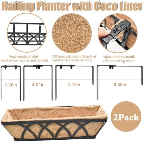 Flat Railing Planter Window Box 2 Pack 24" Horse Trough Planter with Coco Fiber Liner Metal Window Planters Box Deck Balcony Rail Planters for Outdoor Porch Fence Patio