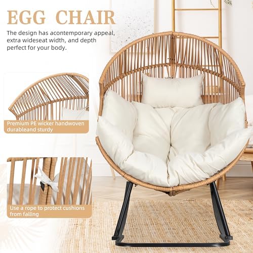 Vongrasig Wicker Rocking Egg Chair PE Rattan with Cushion, Oversized Patio Lounge Rocker Chair for Outdoor, Indoor, Balcony, Backyard, Garden, Beige