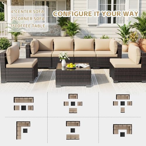 LAFWLL 7 Pieces Outdoor Patio Furniture Sets,Rattan Conversation Sectional Set,Manual Weaving Wicker Patio Sofa with Tea Table