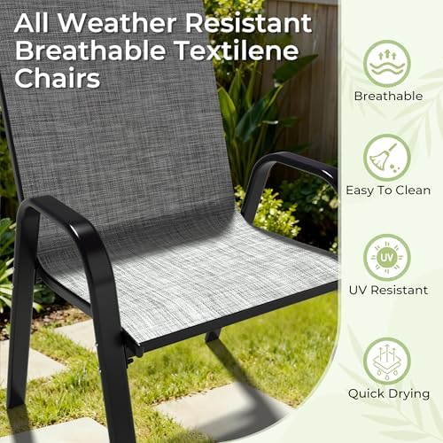 7-Piece Outdoor Dining Set, All-Weather Patio Table and Chairs Set with Umbrella Hole for 6, Steel Slat Table and 6 Textilene Chairs for Backyard, Poolside and Garden, Grey(No Umbrella)