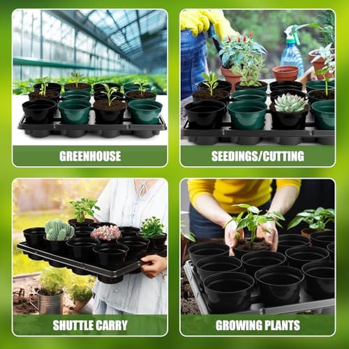 BTPLASTIK 12 Cell Round Nursery Pots Trays 8 Pack, Sturdy Carrying Trays for Holding 4 Inch Plant Pots, Thickened Plastic Seeding Planting Tray, Black
