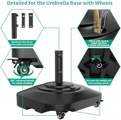 QZER Umbrella Base with Wheels, Umbrella Stand Heavy Duty 100lb Windproof