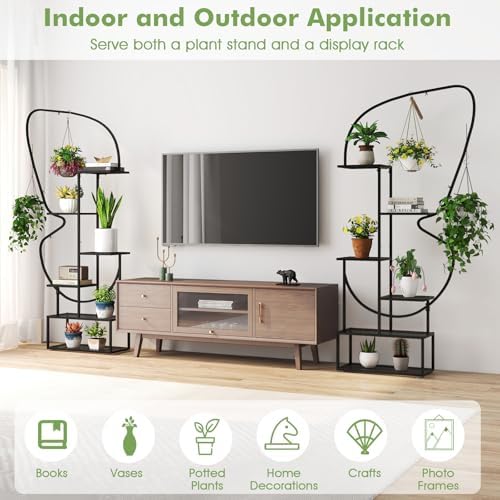 Giantex 2 Pack 6-Tier Plant Stand Indoor, Butterfly-Shaped Metal 73” Tall Ladder Plant Shelf w/ 4 Hanging Hooks, Outdoor Flowerpot Display Rack for Multiple Plants Living Room Balcony Patio Garden
