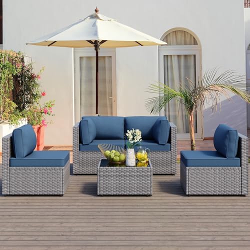 Patio Furniture Sets, 5 Piece Outdoor Sectional Sofas, Wicker Rattan Outdoor Furniture Patio Conversation Set, All-Weather PE Rattan Outdoor Couch for Backyard, Garden, Gray & Aegean Blue
