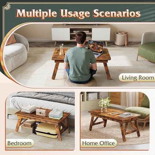 WLIVE Folding Coffee Table, Portable Small Coffee Table with No Assembly Needed for Living Room, Floor Table for Small Space (Rustic Brown)