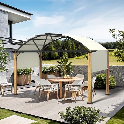 10' X 13' Outdoor Pergola with Retractable Canopy, Wood Grain Metal Patio Pergola Shade, Aluminum Pergola for Deck, Backyard, Garden, Poolside