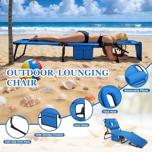 3-in-1 Sun Tanning Chair with Face Holes, Folding Chaise Lounge Chairs, 5-Position Adjustable Lounge Chair Outdoor with 2 Side Pocket & Pillow, for Pool Beach, Patio, Camping, Blue