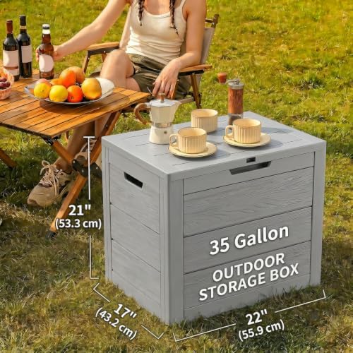 35 Gallon Outdoor Deck Box with Lid, Waterproof Lockable Resin Storage Container for Patio Cushions, Pool Toys, Garden Tools, and Porch Packages Delivery, Grey
