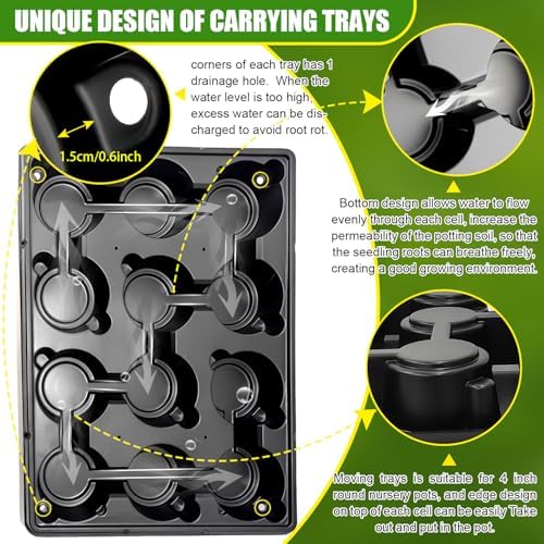 BTPLASTIK 12 Cell Round Nursery Pots Trays 8 Pack, Sturdy Carrying Trays for Holding 4 Inch Plant Pots, Thickened Plastic Seeding Planting Tray, Black