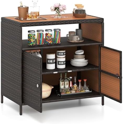 LDAILY Outdoor Storage Cabinet, Wicker Patio Buffet Cabinet with Acacia Wood Top, 2 Doors & Open Shelf, PE Rattan Bar Table for Garden, Kitchen, Backyard & Poolside, Mixed Brown