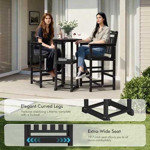 Ciokea Outdoor High Top Bar Set of 3, Space-Saving Bistro Table and Chairs, All-Weather Small Bar Set with Storage Shelf, Round Table with 2 Oversized Adirondack Chairs for Balcony Deck, Black
