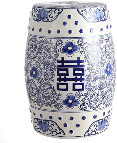 JONATHAN Y Double Happiness Ceramic Garden Stool 18" Table, Blue/White