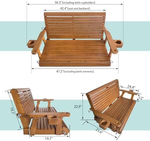 Wooden Porch Swing 2-Seater, High Backrest and Deep Seat, Bench Swing with Cupholders, Hanging Chains and 7mm Springs, Heavy Duty 880 LBS, for Outdoor Patio Garden (Cedar Tone - 4 FT Extra Large)