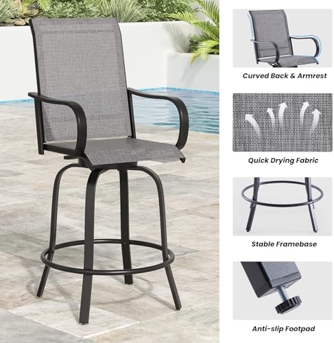 Patio Swivel Bar Stools Set of 4，All-Weather Outdoor High Bistro Stools with Textilene Fabric for Outside, Beach, Lawn, Poolside and Garden (Grey/Brown)