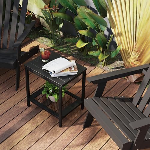 Outdoor Side Table with Storage 2-Tier Patio End Tables Black