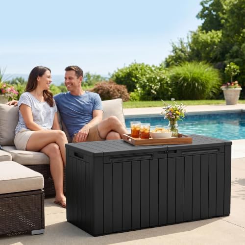 110 Gallon Deck Box Outdoor Indoor Waterproof Storage Box, Black