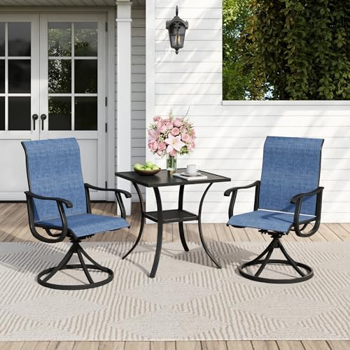 Outdoor Dining Set for 2, 28" Metal Square Outdoor Dining Table and Sling Patio Swivel Chairs, 3 Pieces Patio Table and Chairs Set for Garden Backyard, Dark Blue and Black
