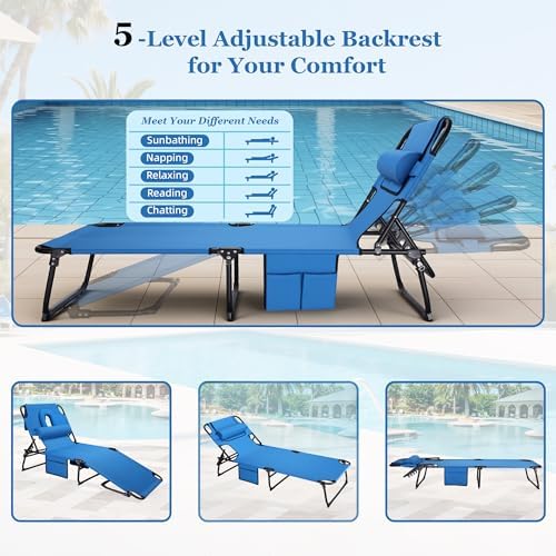 3-in-1 Sun Tanning Chair with Face Holes, Folding Chaise Lounge Chairs, 5-Position Adjustable Lounge Chair Outdoor with 2 Side Pocket & Pillow, for Pool Beach, Patio, Camping, Blue