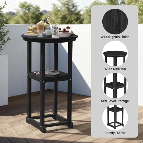 Ciokea Outdoor High Top Bar Set of 3, Space-Saving Bistro Table and Chairs, All-Weather Small Bar Set with Storage Shelf, Round Table with 2 Oversized Adirondack Chairs for Balcony Deck, Black