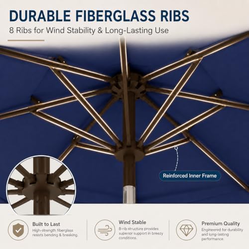 10ft Patio Umbrella, 3-Tier Vented Outdoor Table Umbrella with 8 Sturdy Fiberglass Ribs, Windproof Market Umbrella with Push Button Tilt and Crank, UV Protection for Deck, Pool, Navy Blue