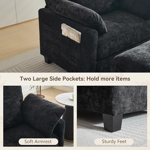 57.5" Oversized Chenille Chair with Movable Ottoman, Black Deep Seat