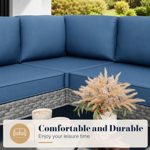 JAMFLY 5-Piece Patio Furniture Set, All-Weather Wicker Outdoor Sectional Sofa with Soft Cushions, Modular Conversation Set for Backyard, Deck, Garden & Poolside(Aegean Blue Cushion)