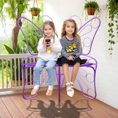 Butterfly Shaped Outdoor Bench, Purple Garden Bench with Sturdy Stable Metal Frame, Outdoor Metal Chair Butterfly Bench for Garden, Yard, Balcony, Lawn(Purple/Small).