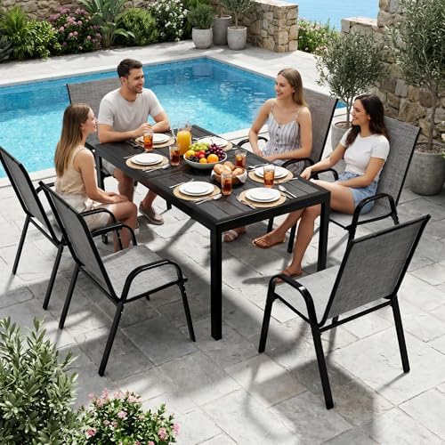 7-Piece Outdoor Dining Set, All-Weather Patio Table and Chairs Set with Umbrella Hole for 6, Steel Slat Table and 6 Textilene Chairs for Backyard, Poolside and Garden, Grey(No Umbrella)